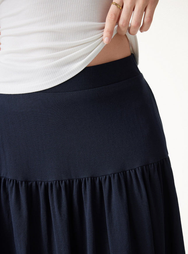 Cotton-Linen Gathered Midi Skirt with Pockets