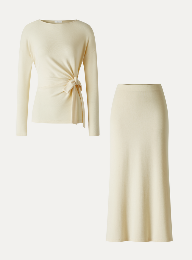 2Pcs Set Boatneck Long Sleeve Top & Mid-Rise Side-Slit Column Midi Skirt