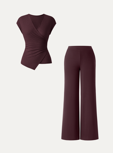 2Pcs Set Lyocell Wool Surplice Cap Sleeve Top & Mid Rise Wide Leg Pants with Pockets