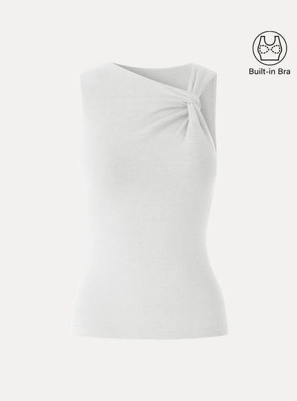 Sweat-Wicking Asymmetrical Neck Knotted Built-In Bra Tank