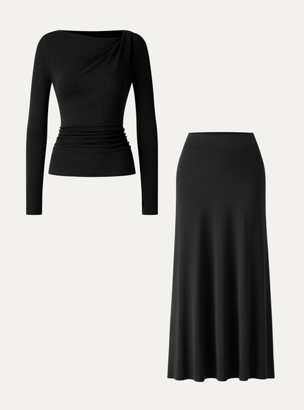 2Pcs Set Asymmetrical Neck Ruched Top & High-Rise A-Line Maxi Skirt