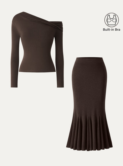 2Pcs Set Convertible Neck Built-In Bra Top & High-Rise Mermaid Midi Skirt