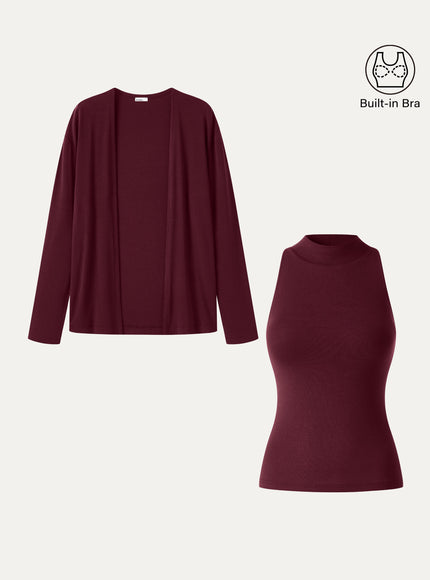 2Pcs Set Mock Neck Built-In Bra Top & Open-Front Long Sleeve Cardigan