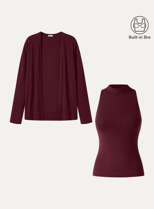 2Pcs Set Mock Neck Built-In Bra Top & Open-Front Long Sleeve Cardigan