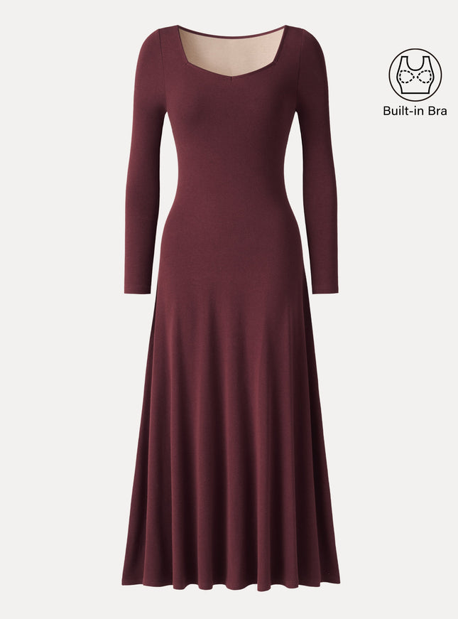 Diamond Neck Long Sleeve Drapey Maxi Built-In Bra Dress