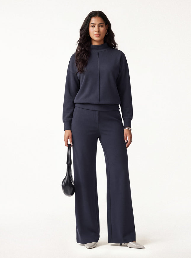 2Pcs Set Mockneck Long Sleeve Shirt & High-Rise Wide Leg Pants with Pockets