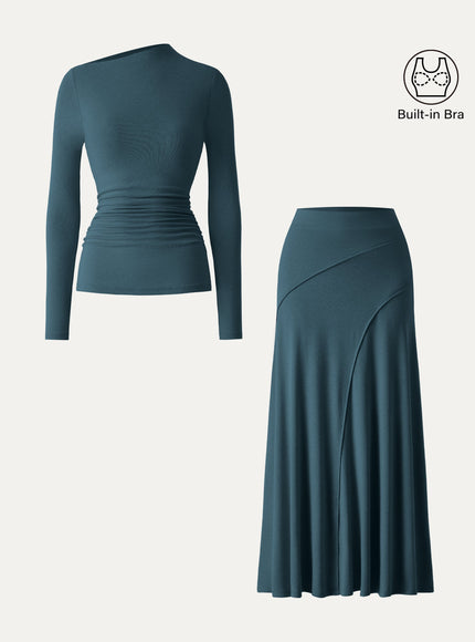 2Pcs Set Asymmetrical Long Sleeve Built-In Bra Top & A-Line Midi Skirt