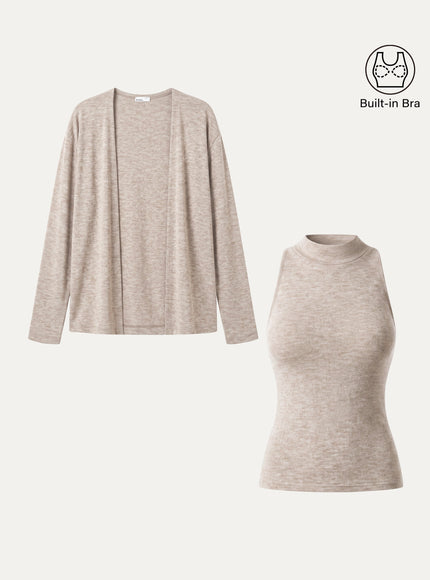 2Pcs Set Mock Neck Built-In Bra Top & Open-Front Long Sleeve Cardigan
