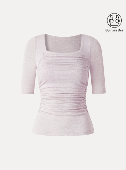 Lyocell-Wool Square Neck Elbow Sleeve Ruched Built-In Bra Top