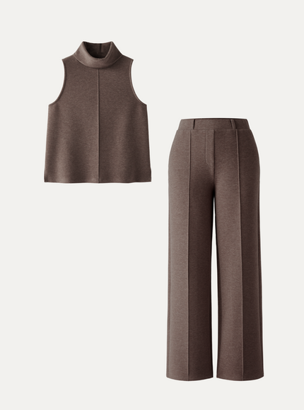 2Pcs Set Petite High Waisted Warm Straight Leg Pull On Pant & Split Hem Top