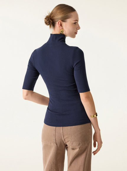 Essential Turtleneck Elbow Length Sleeve Built-In Bra Top - Midnight Navy