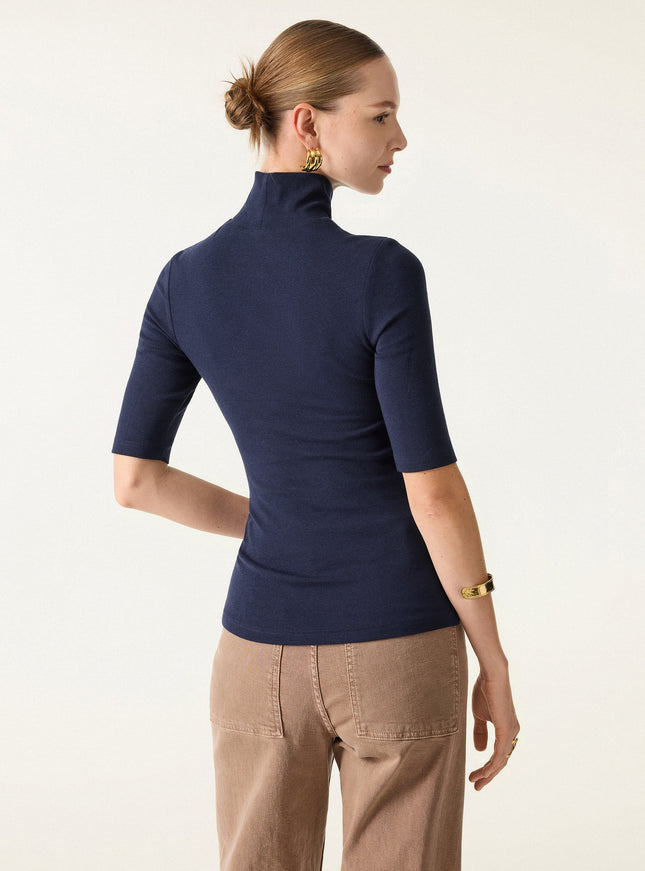 Essential Turtleneck Elbow Length Sleeve Built-In Bra Top - Midnight Navy