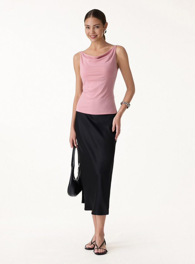 Stretch Linen Cowl Neck Built-In Bra Tank