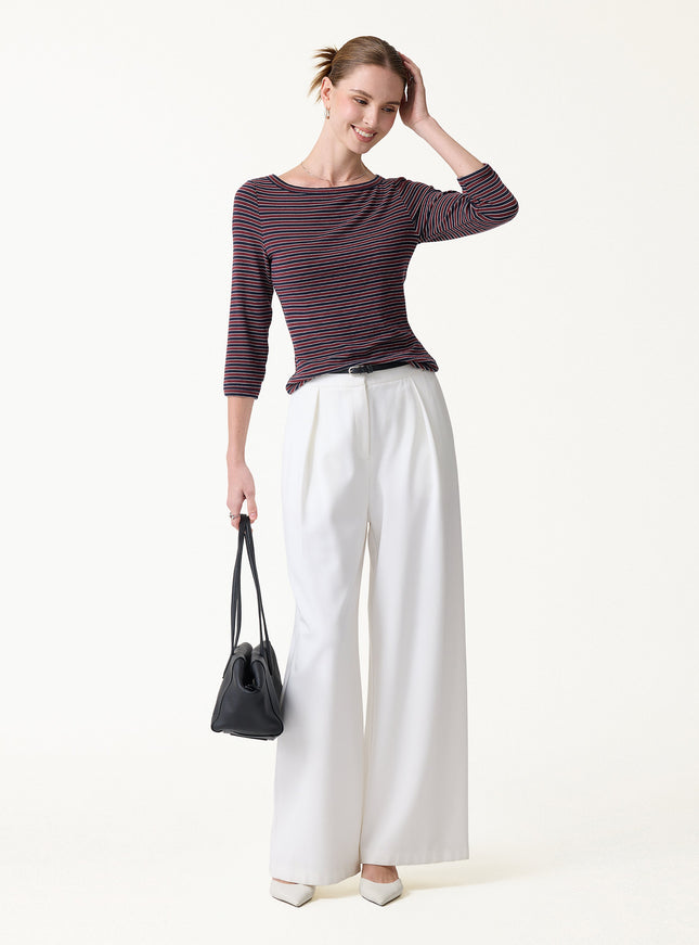 Striped Parisian Boatneck 3/4 Sleeve Built-In Bra Top