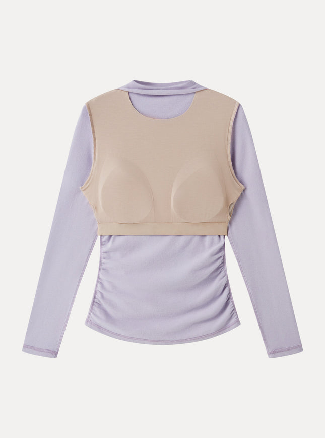 Mock Neck Long Sleeve Ruched Built-In Bra Top