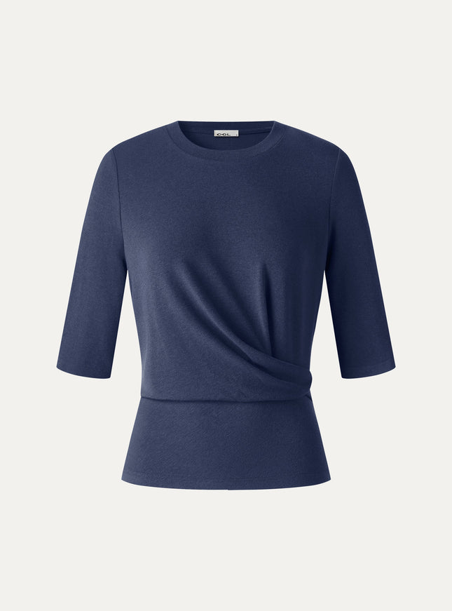 Round Neck Elbow Sleeve Side-Tuck Top