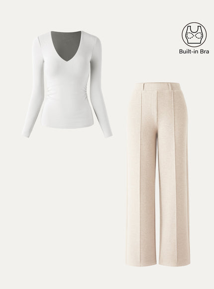 2Pcs Set V-Neck Side-Tuck Built-In Bra Top & High Waisted Warm Straight Leg Pull On Pant