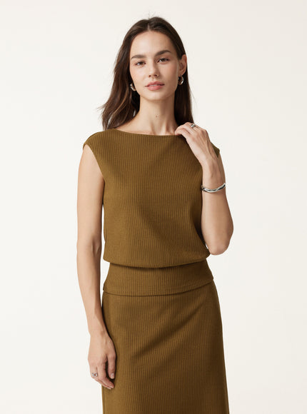 2Pcs Set Boatneck Sleeveless Top & Mid-Rise A-Line Midi Skirt