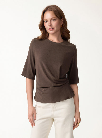 Round Neck Elbow Sleeve Side-Tuck Top