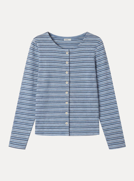 Stripe Round Neck Long Sleeve Button-Up Cardigan