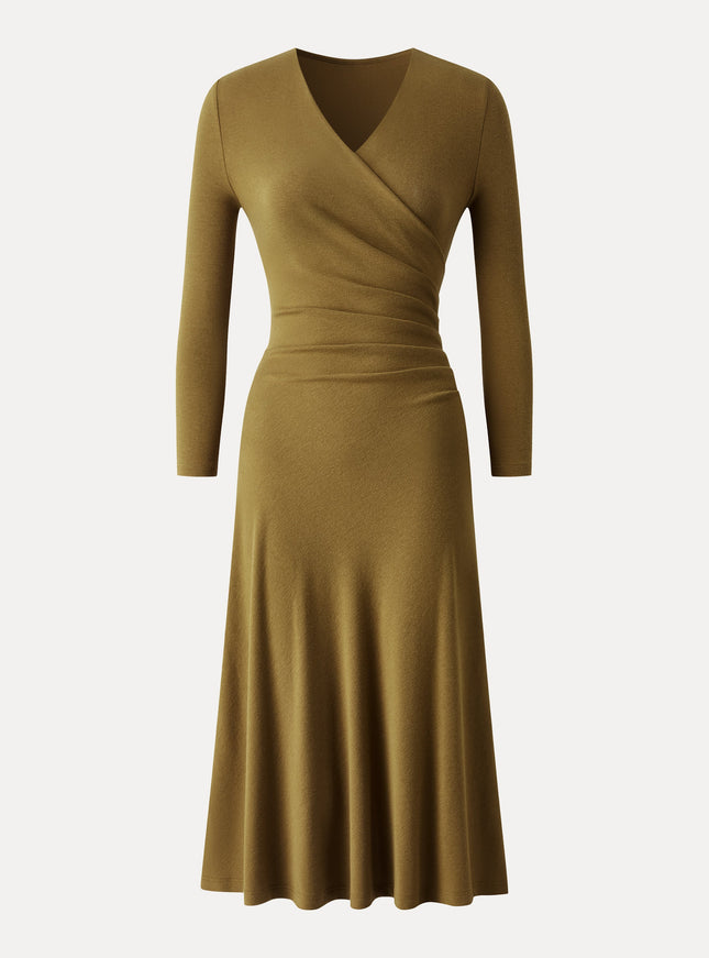 Surplice 3/4 Sleeve Side-Tuck Midi Dress