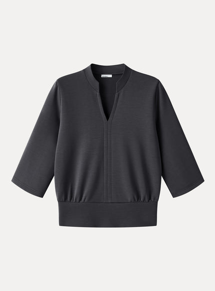 Lyocell Spacer Knit V-Neck Elbow Sleeve Banded Top