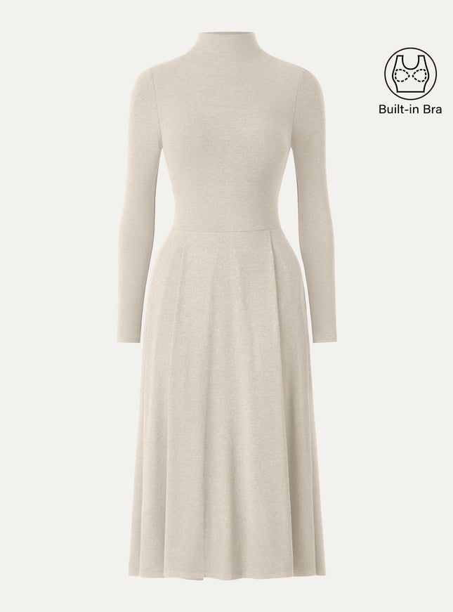 Mockneck Pleated Midi Built-In Bra Dress with Pockets