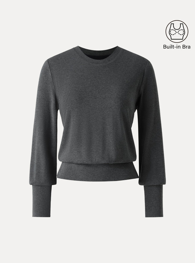 Elevated Crewneck Brushed Built-In Bra Top with Banded Hem