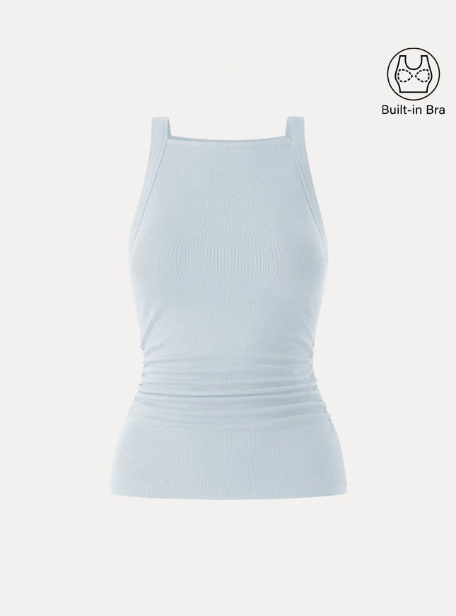 Chic Square Neck Ruched Rib Built-In Bra Tank