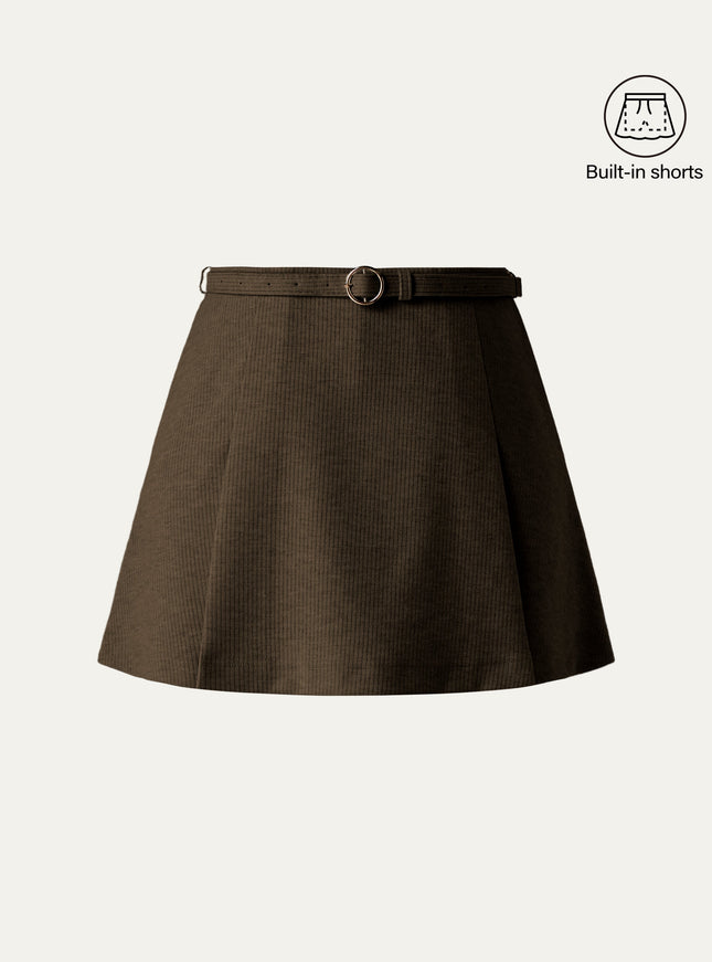 Viscose-Wool Blend High-Rise Belted A-Line Skort with Pockets