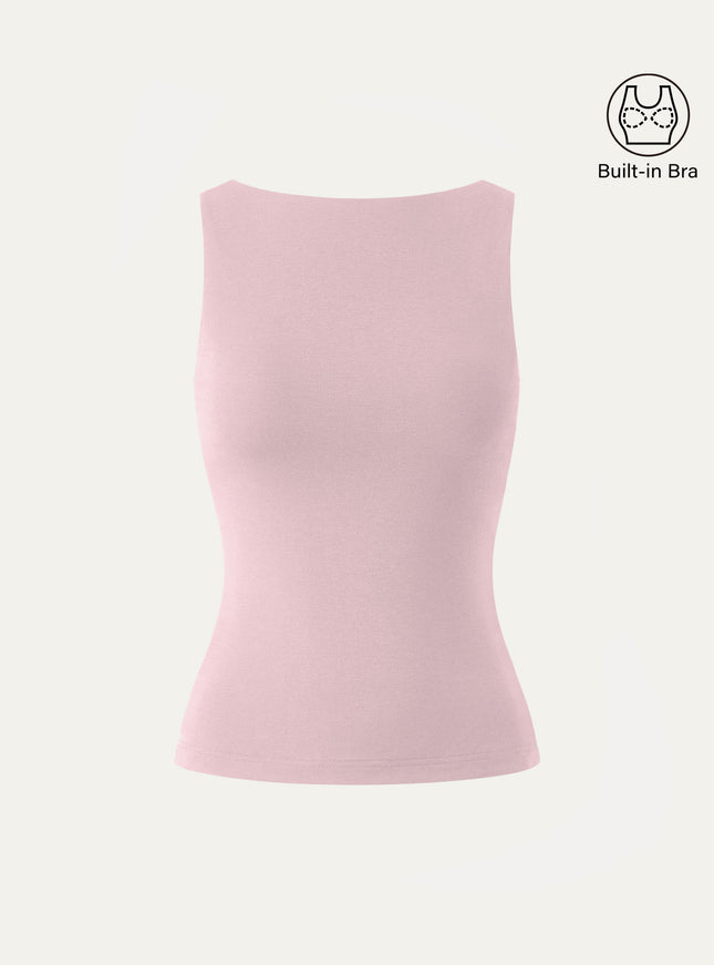 Stretch Cotton Boatneck Built-In Bra Tank