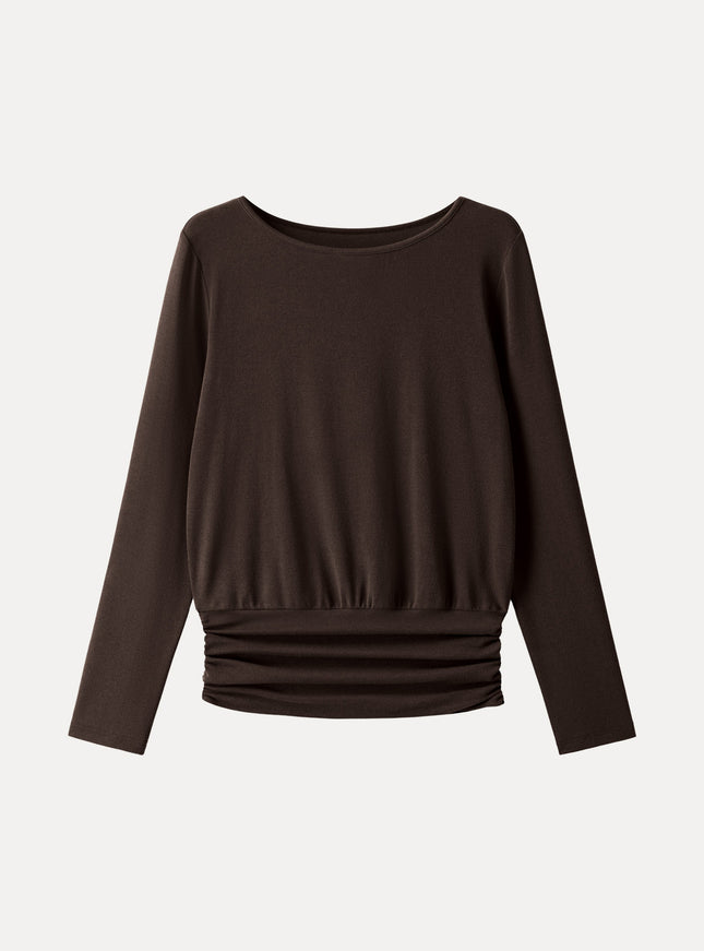 Boatneck Long Sleeve Ruched Banded Hem Top