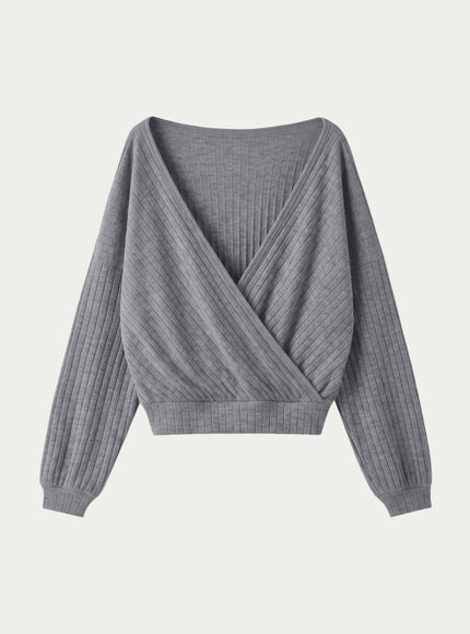 MaxWarm Wide Ribbed Crossover Long Sleeve Banded Hem Top