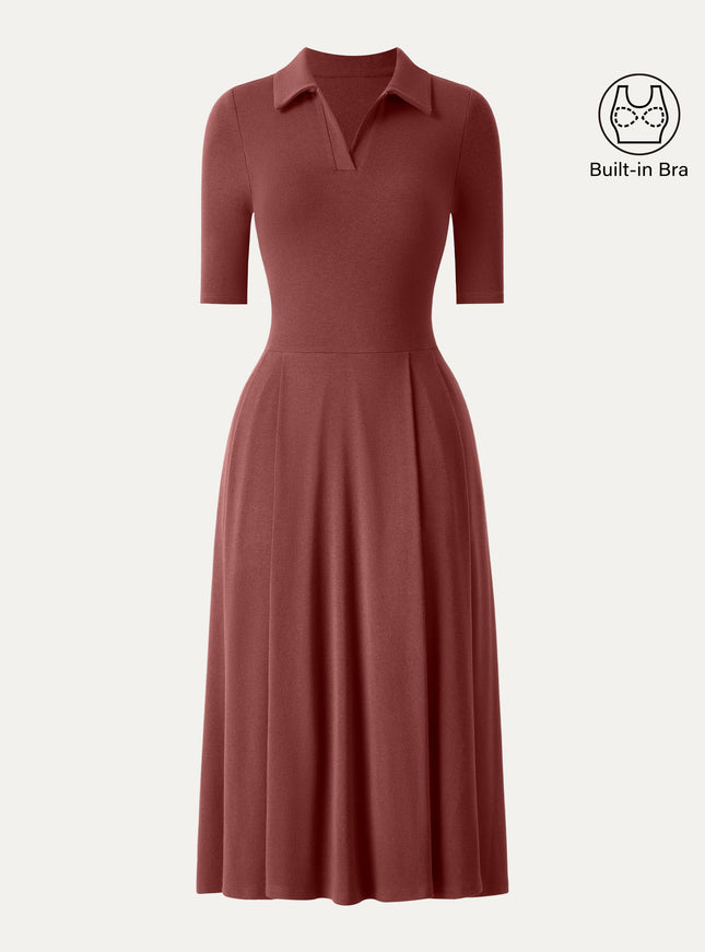 Polo Neck Elbow Length Sleeve Midi Built-In Bra Dress with Pockets