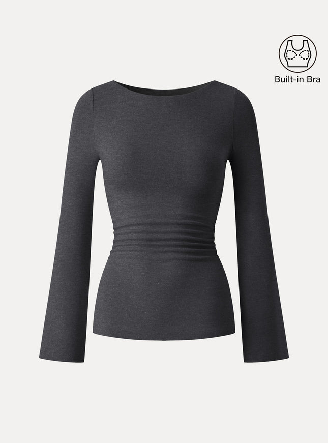 Round Neck Bell Sleeve Ruched Built-In Bra Top