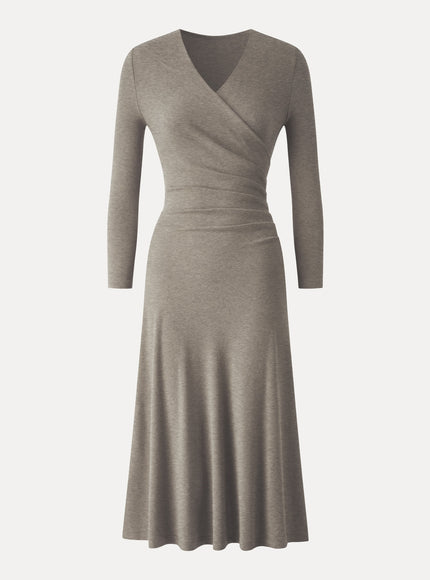 Surplice 3/4 Sleeve Side-Tuck Midi Dress