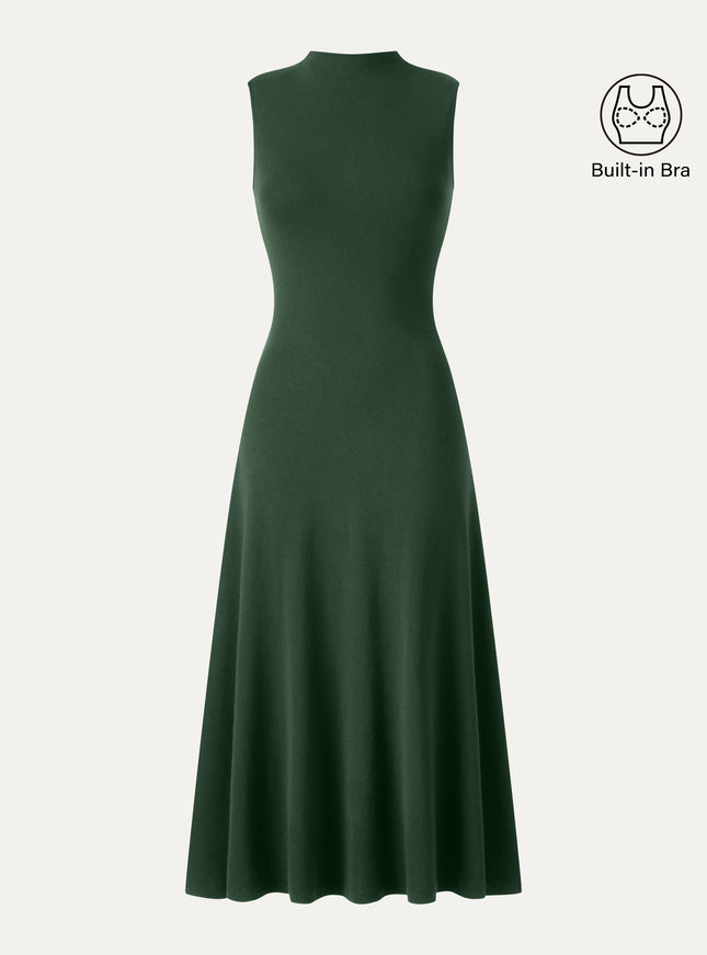 Mock Neck Sleeveless A-Line Midi Built-In Bra Dress