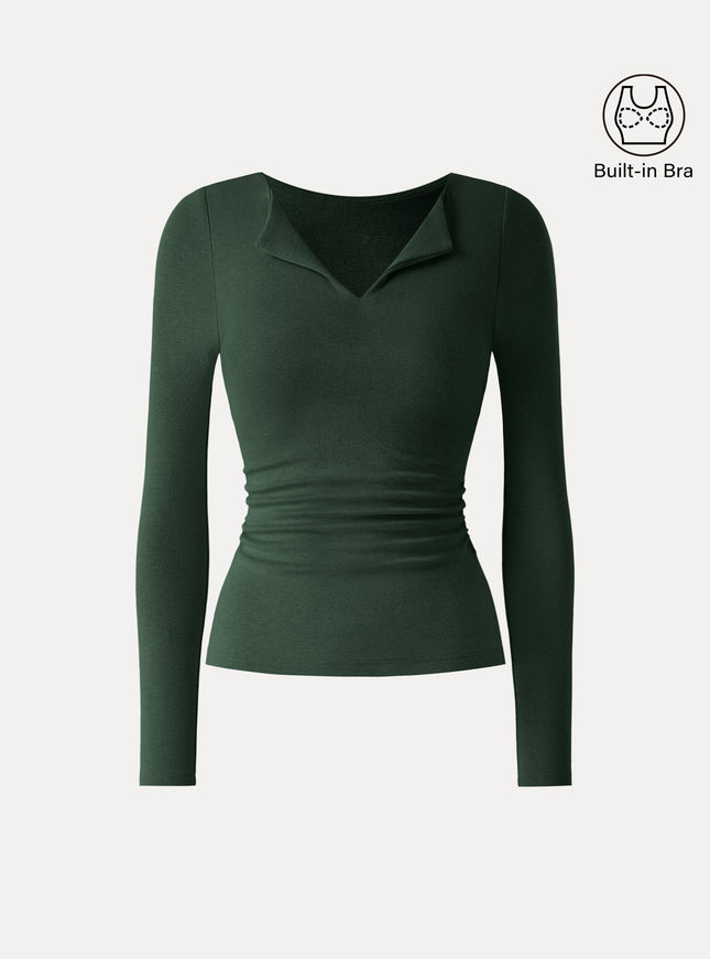Flapped V-Neck Long Sleeve Ruched Built-In Bra Top