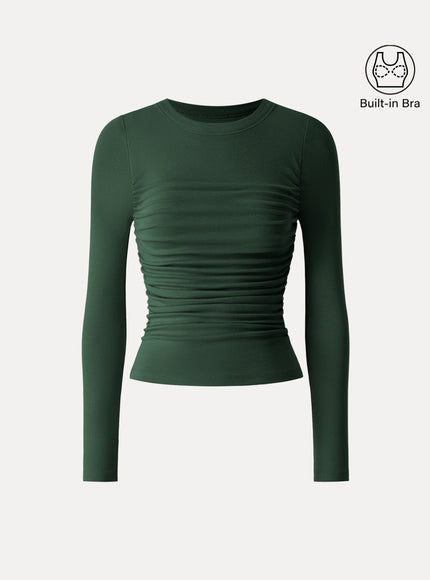 Roundneck Long Sleeve Ruched Built-In Bra Top