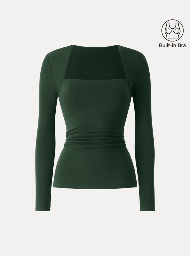 Trapeze Neck Long Sleeve Ruched Built-In Bra Top - Espresso Shut