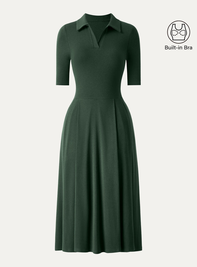 Polo Neck Elbow Length Sleeve Midi Built-In Bra Dress with Pockets