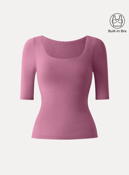 Essential Elbow Length Sleeve Square Neck Built-In Bra Tops