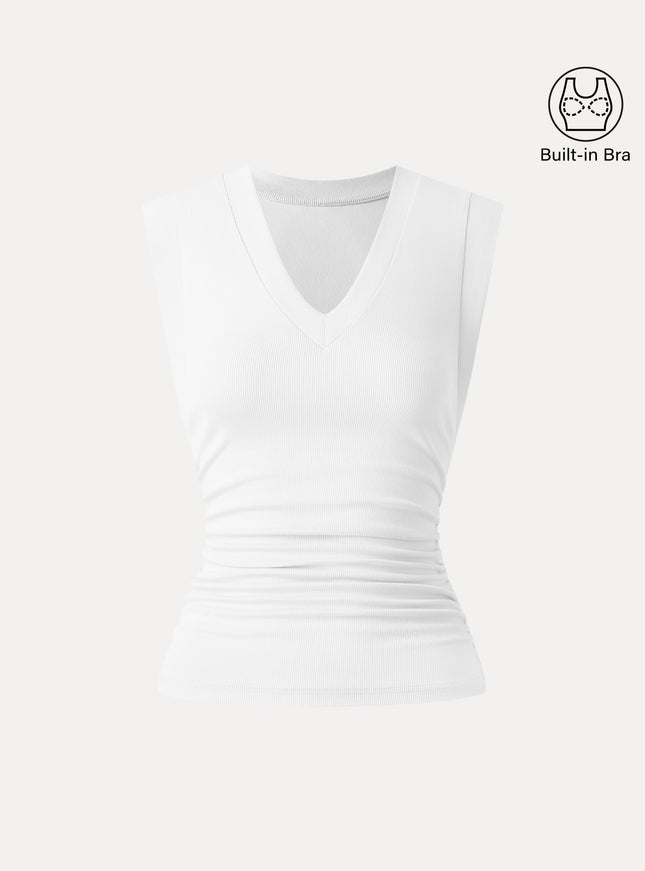 Stretch Cotton V-neck Side Ruched Muscle Built-In Bra Top