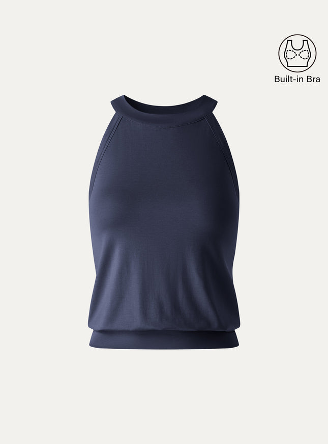 Halter Neck Banded Hem Built-In Bra Tank
