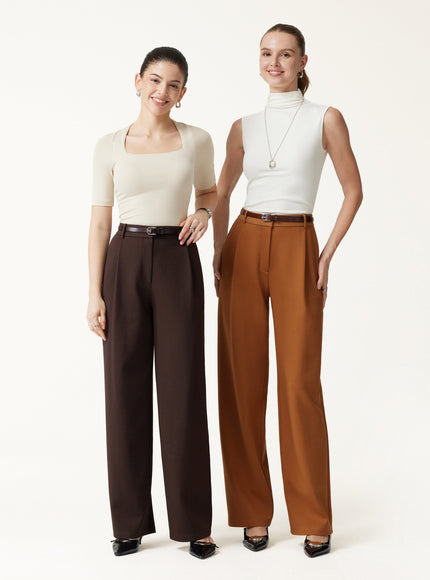 Crosshatch Ponte High-Rise Straight-Leg Tuck Pants with Pockets