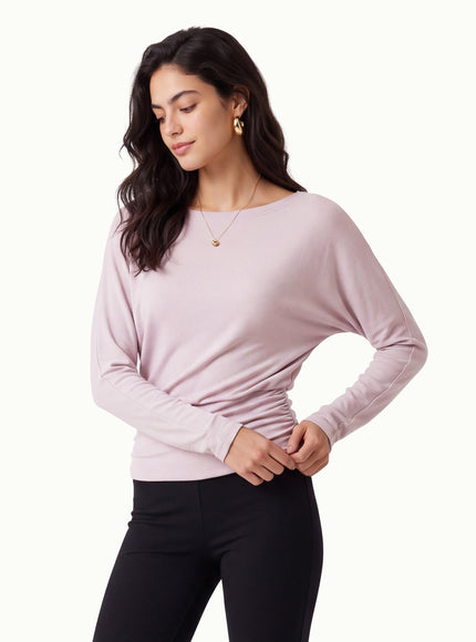 Slash Neck Batwing Sleeve Ruched Banded Hem Top