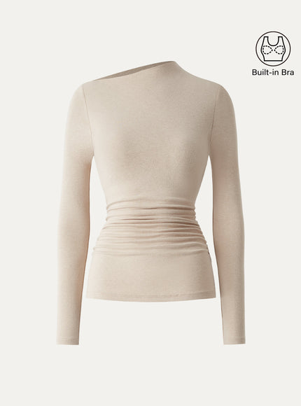 Slanted Mockneck Ruched Built-In Bra Top