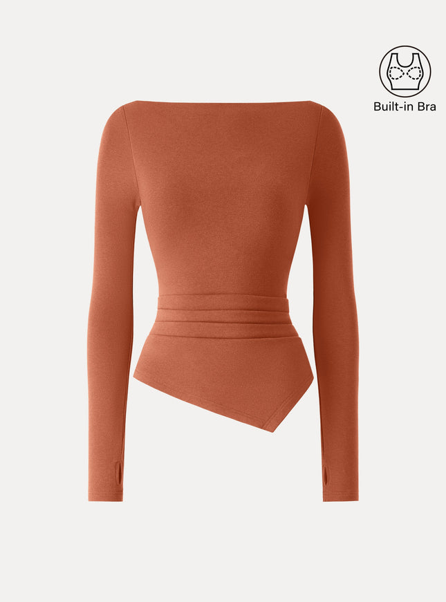 Boatneck Side Tucks Asymmetrical Built-In Bra Top