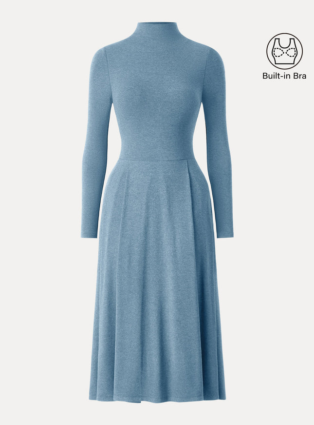 Mockneck Pleated Midi Built-In Bra Dress with Pockets