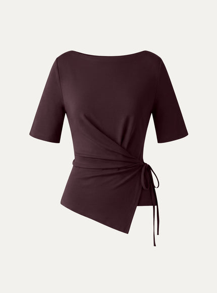 Slash Neck Short Sleeve Tie-Side Top